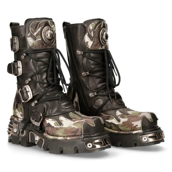 New Rock New Rock 591 S15 Camouflage Flame Metallic Black Leather Biker Goth Boot - Image 3