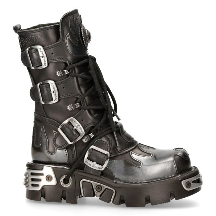 New Rock New Rock 591-S2 Silver Flame Metal Black Leather Emo Punk Goth Boots - Image 1