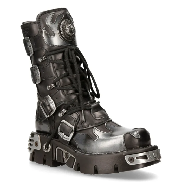 New Rock New Rock 591-S2 Silver Flame Metal Black Leather Emo Punk Goth Boots - Image 2