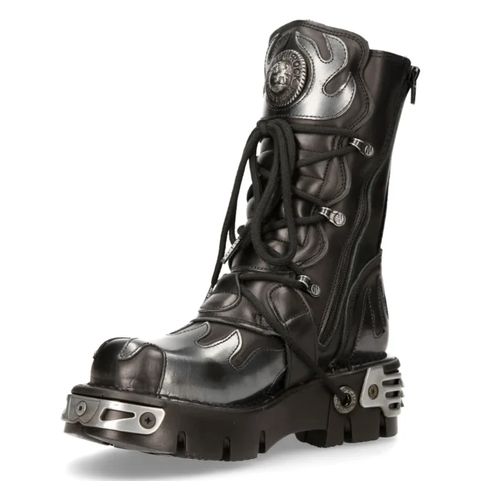New Rock New Rock 591-S2 Silver Flame Metal Black Leather Emo Punk Goth Boots - Image 7