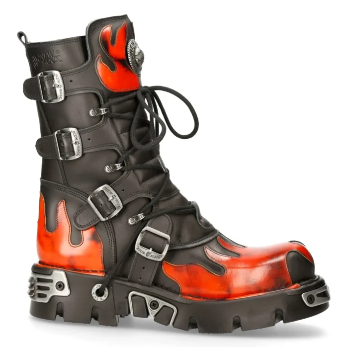 New Rock New Rock 591-s1 Red Flame Metallic Black Leather Boot Biker Goth Boots - Image 1