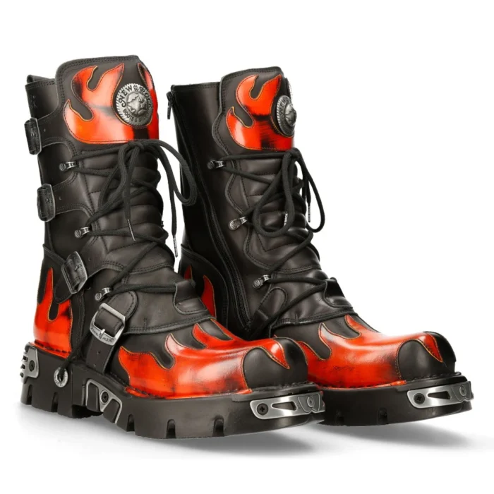 New Rock New Rock 591-s1 Red Flame Metallic Black Leather Boot Biker Goth Boots - Image 3