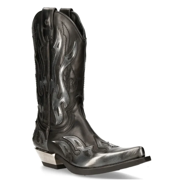 New Rock M-7921-S3 Silver Flame Boots Black Leather Heavy Biker Western Cowboy - Image 2