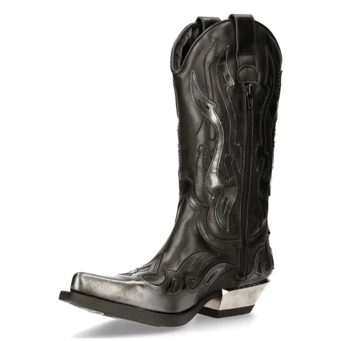 New Rock M-7921-S3 Silver Flame Boots Black Leather Heavy Biker Western Cowboy - Image 7