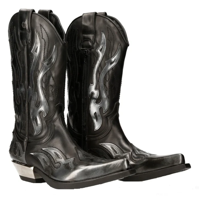 New Rock M-7921-S3 Silver Flame Boots Black Leather Heavy Biker Western Cowboy - Image 3