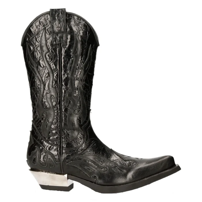 NEW ROCK M-7921-S1 BLACK FLAME BOOTS Black Leather Heavy Biker Western Cowboy - Image 1