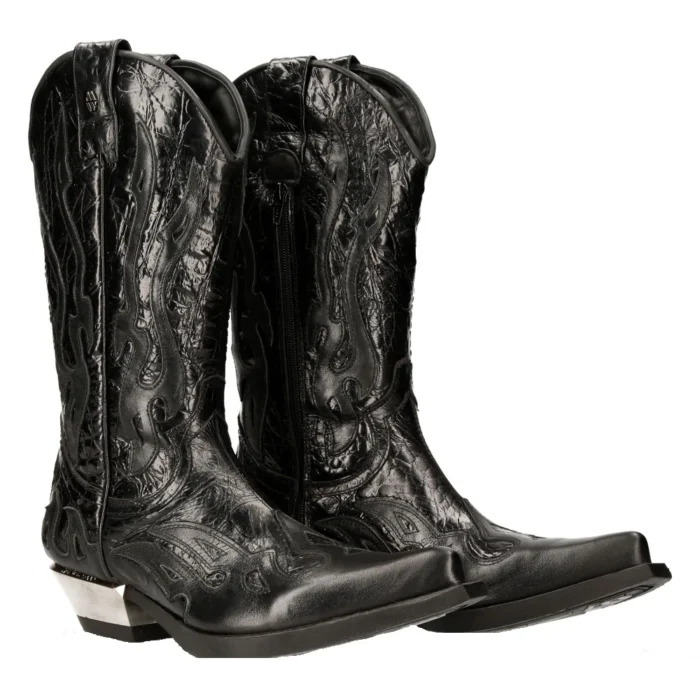 NEW ROCK M-7921-S1 BLACK FLAME BOOTS Black Leather Heavy Biker Western Cowboy - Image 3