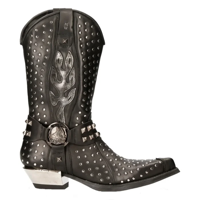 New Rock M-7928-s1 Western Cowboy Boots Black Leather Heavy Biker Silver Studs - Image 1