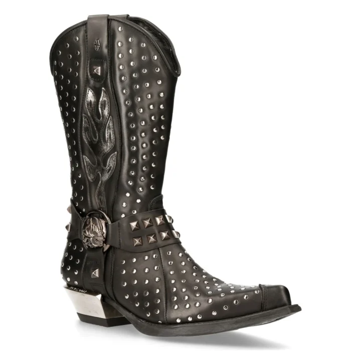 New Rock M-7928-s1 Western Cowboy Boots Black Leather Heavy Biker Silver Studs - Image 2