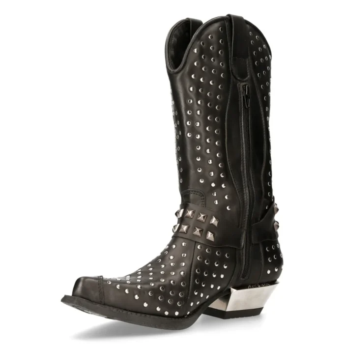 New Rock M-7928-s1 Western Cowboy Boots Black Leather Heavy Biker Silver Studs - Image 7