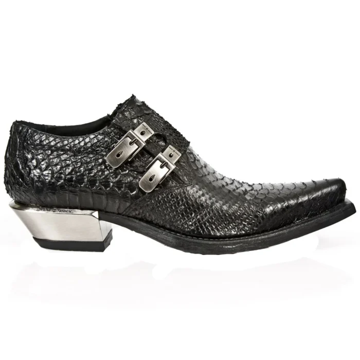 New Rock 7934-S2 Embossed Python Black Leather Buckle West Steel Heel Shoes Boot - Image 1