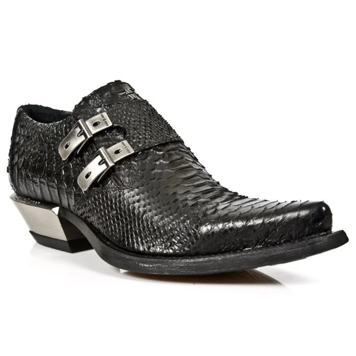 New Rock 7934-S2 Embossed Python Black Leather Buckle West Steel Heel Shoes Boot - Image 2