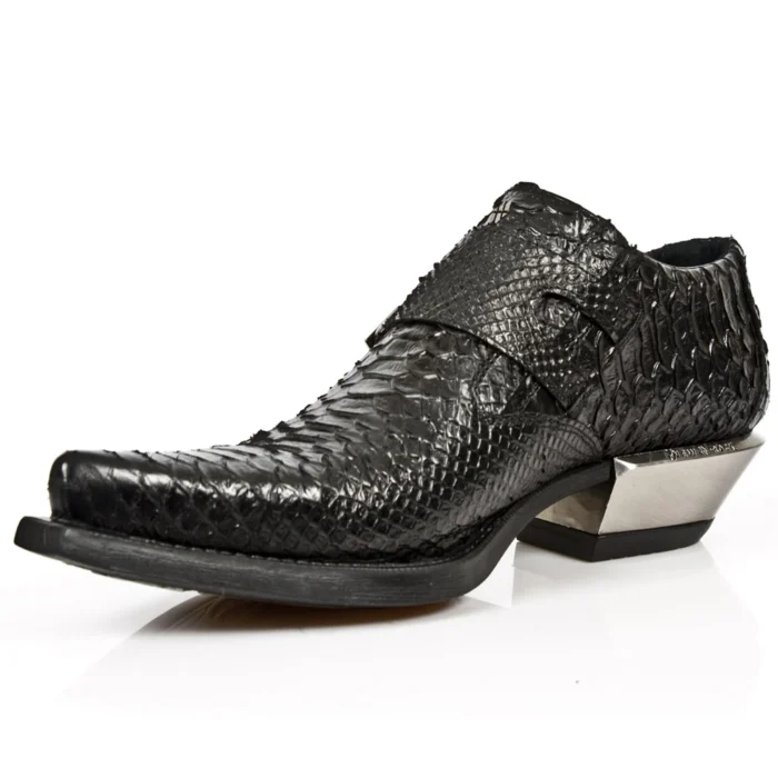 New Rock 7934-S2 Embossed Python Black Leather Buckle West Steel Heel Shoes Boot - Image 7