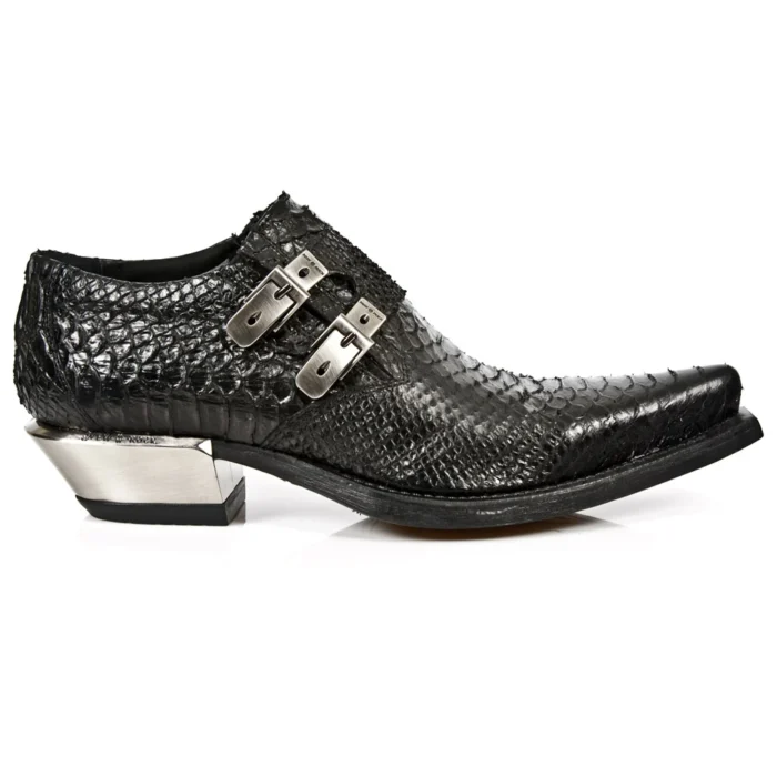 New Rock 7934-S2 Embossed Python Black Leather Buckle West Steel Heel Shoes Boot - Image 3