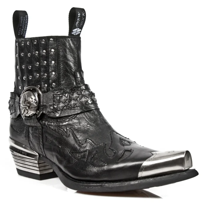 New Rock 7950P-S1 Black Leather Military Cowboy Boots Metal Toe Heel Biker Rock - Image 2