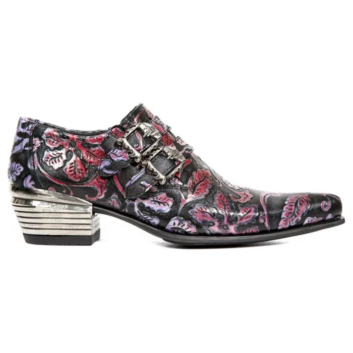 New Rock 7960-s6 Shoe Embossed Vintage Black Red Leather Buckle Steel Heel Shoes - Image 1
