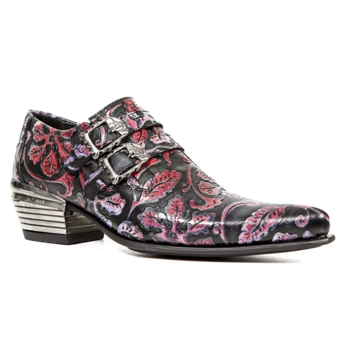 New Rock 7960-s6 Shoe Embossed Vintage Black Red Leather Buckle Steel Heel Shoes - Image 2
