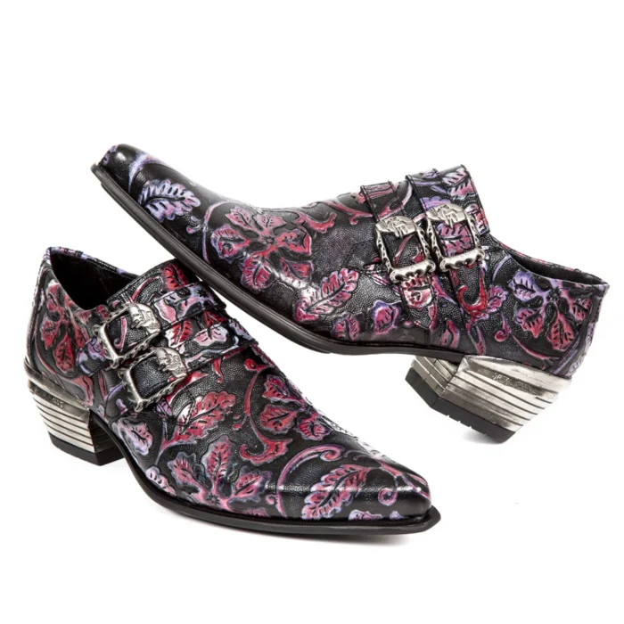 New Rock 7960-s6 Shoe Embossed Vintage Black Red Leather Buckle Steel Heel Shoes - Image 3