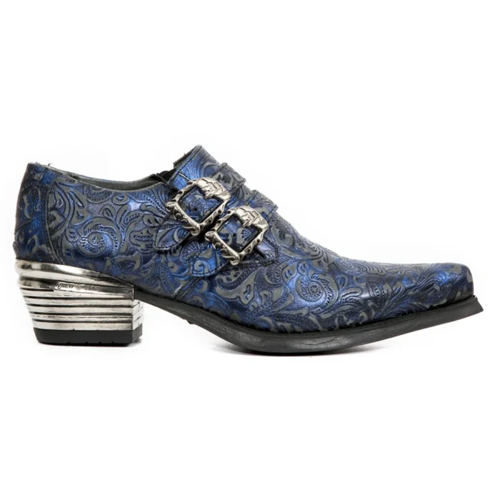New Rock 7960-s7 Shoe Embossed Vintage Blue Leather Buckle Steel Heel Shoes - Image 1