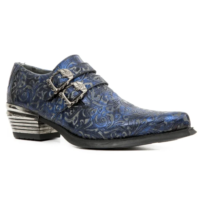 New Rock 7960-s7 Shoe Embossed Vintage Blue Leather Buckle Steel Heel Shoes - Image 2