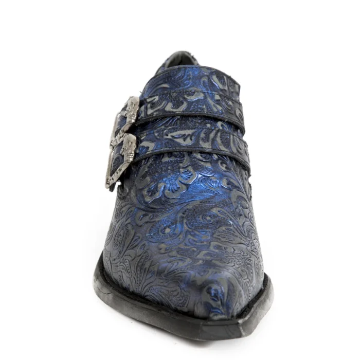 New Rock 7960-s7 Shoe Embossed Vintage Blue Leather Buckle Steel Heel Shoes - Image 7