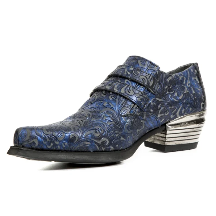 New Rock 7960-s7 Shoe Embossed Vintage Blue Leather Buckle Steel Heel Shoes - Image 6