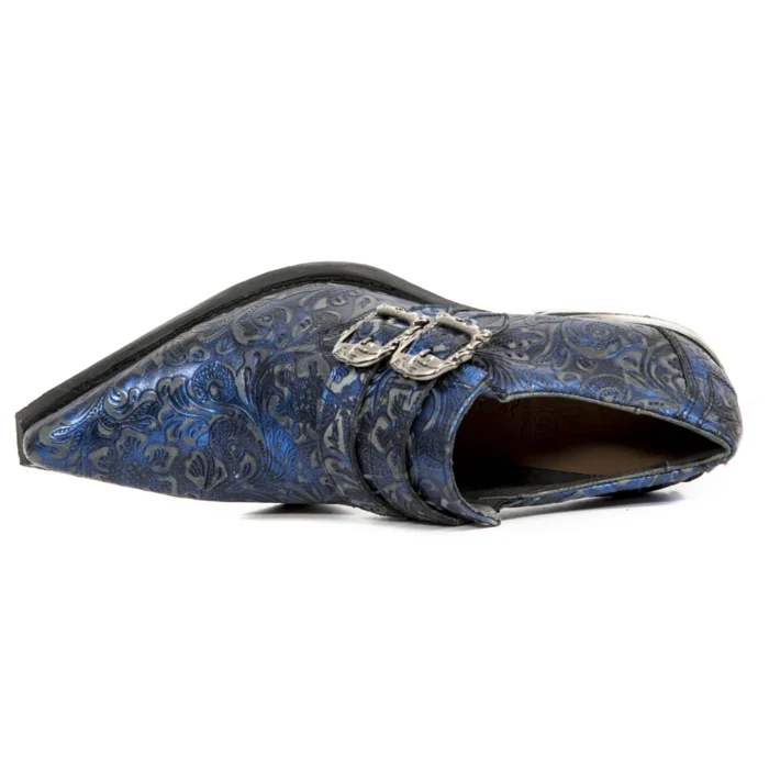 New Rock 7960-s7 Shoe Embossed Vintage Blue Leather Buckle Steel Heel Shoes - Image 3
