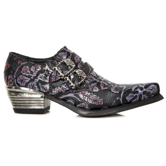 New Rock 7960-s8 Shoe Embossed Vintage Black Leather Buckle Steel Heel Shoes - Image 1