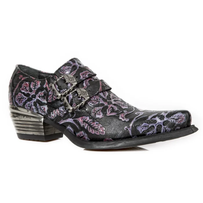 New Rock 7960-s8 Shoe Embossed Vintage Black Leather Buckle Steel Heel Shoes - Image 2