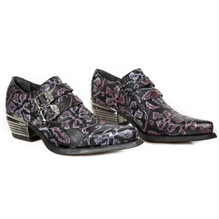 New Rock 7960-s8 Shoe Embossed Vintage Black Leather Buckle Steel Heel Shoes - Image 3