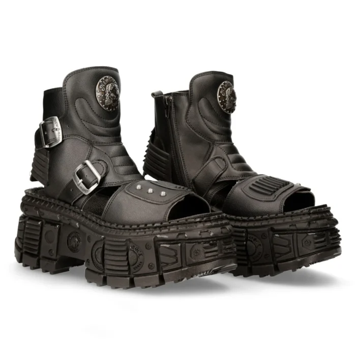 New Rock Boots BIOS106-V3 Black VEGAN Leather Unisex Platform Sandal Biker Goth - Image 2