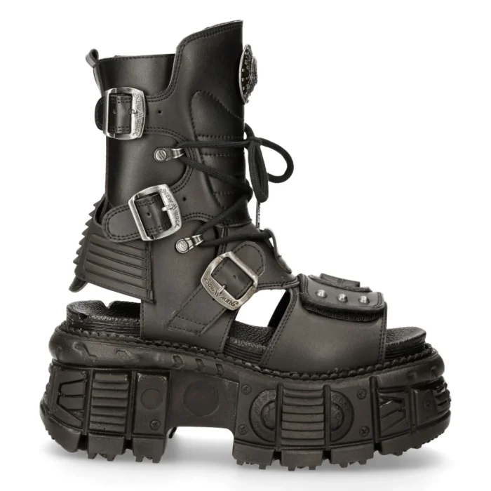 New Rock Boots BIOS107-V1 Black Vegan Leather Unisex Platform Sandal Biker Goth - Image 1