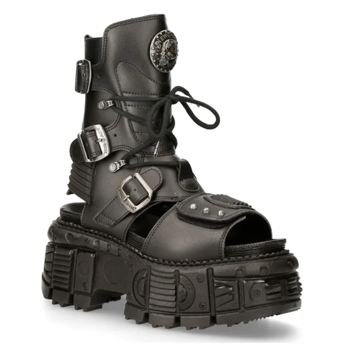 New Rock Boots BIOS107-V1 Black Vegan Leather Unisex Platform Sandal Biker Goth - Image 2