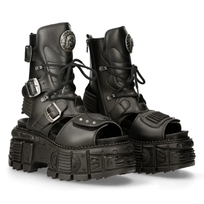 New Rock Boots BIOS107-V1 Black Vegan Leather Unisex Platform Sandal Biker Goth - Image 3