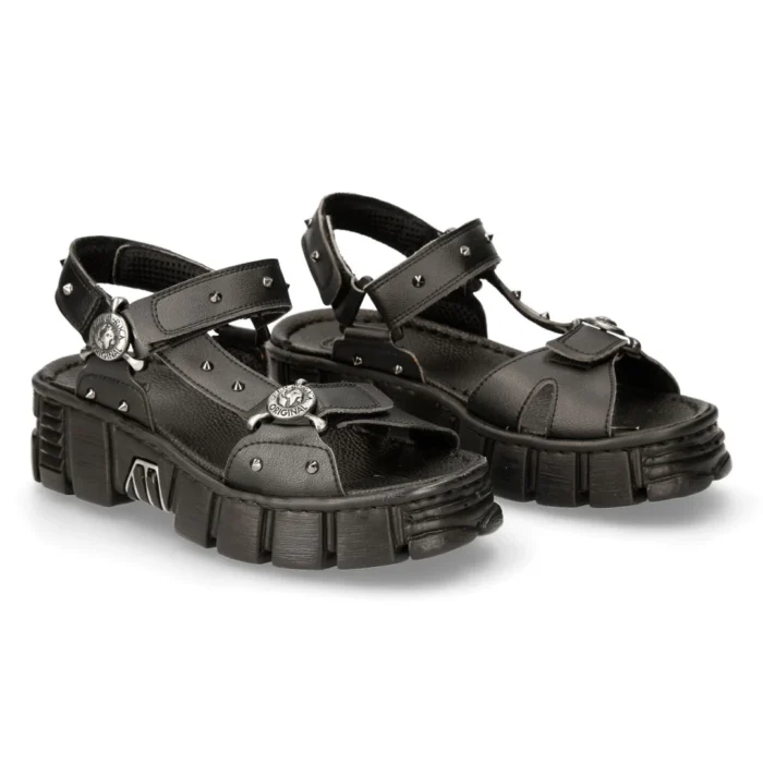 New Rock Boots BIOS120-V1 Unisex Metallic Black Vegan Leather Sandal Punk Rock - Image 2