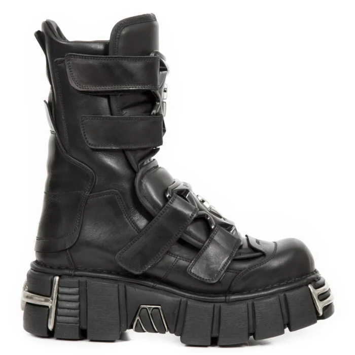 New Rock Boots M-422-S1 Unisex Metallic Black Leather Platform Gothic Boots - Image 1