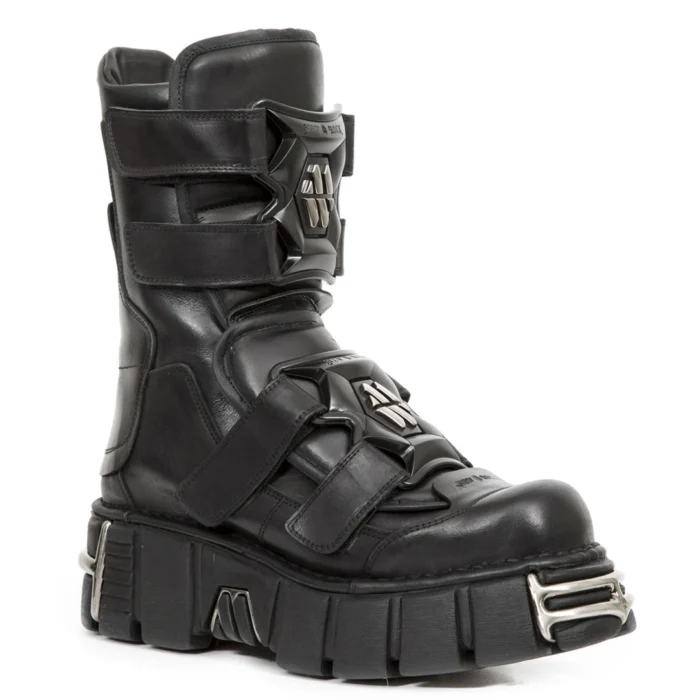 New Rock Boots M-422-S1 Unisex Metallic Black Leather Platform Gothic Boots - Image 2