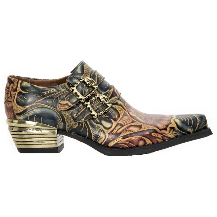 New Rock M-7960-s14 Embossed Vintage Shoes Black Leather Buckle Steel Heel - Image 1