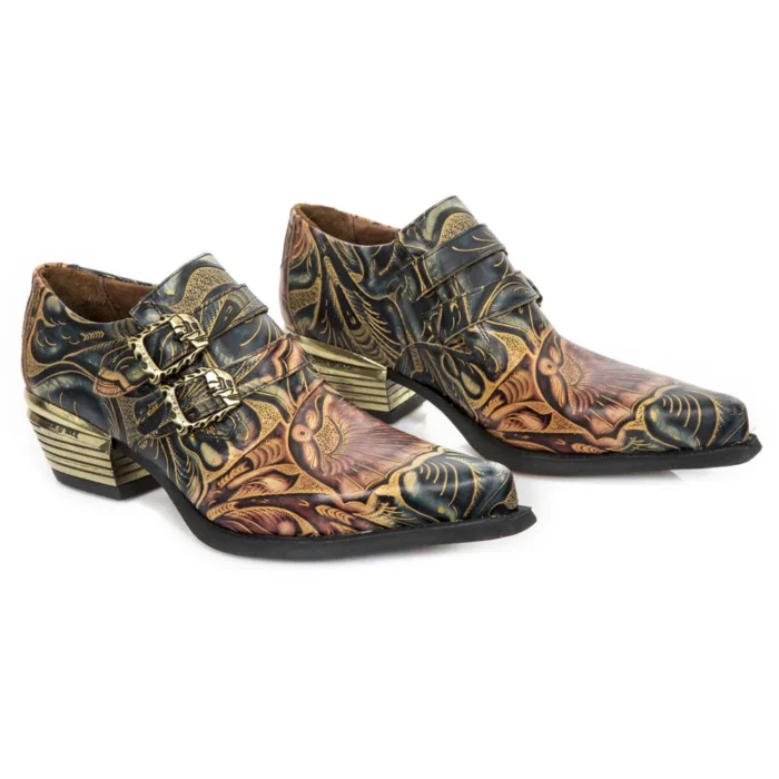 New Rock M-7960-s14 Embossed Vintage Shoes Black Leather Buckle Steel Heel - Image 3