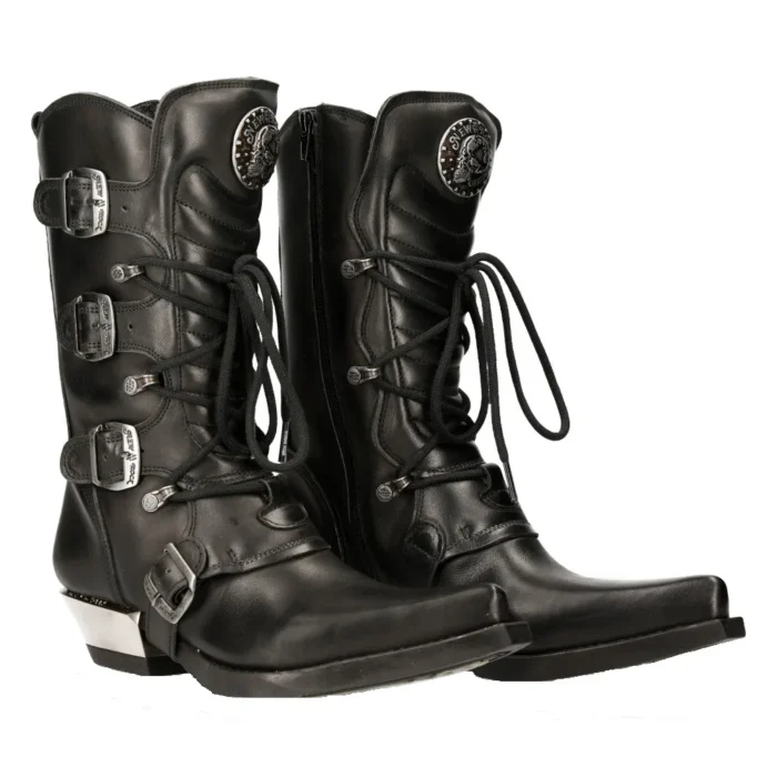 New Rock M-7993-s1 Western Cowboy Boots Black Leather Buckle Heavy Biker Shoes - Image 2