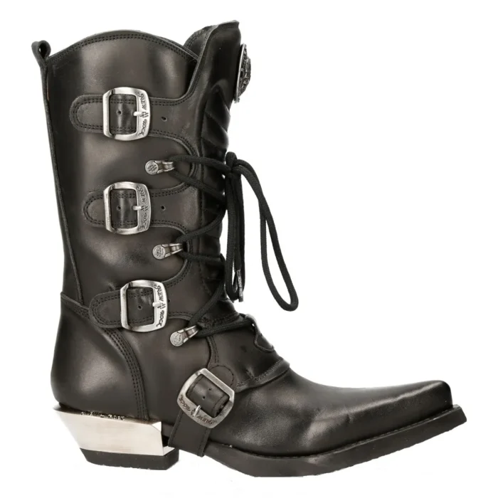 New Rock M-7993-s1 Western Cowboy Boots Black Leather Buckle Heavy Biker Shoes - Image 1