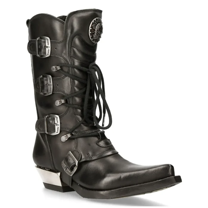 New Rock M-7993-s1 Western Cowboy Boots Black Leather Buckle Heavy Biker Shoes - Image 3