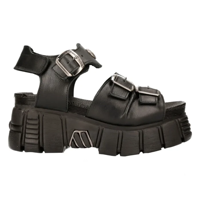 New Rock M-BIOS101-C2 Unisex Metallic Black 100% Leather Sandal Punk Rock Boots - Image 1