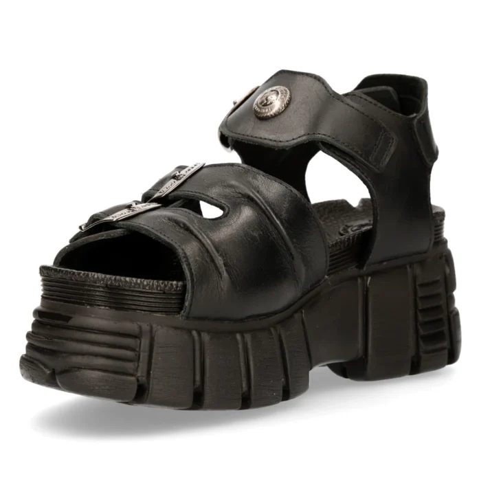 New Rock M-BIOS101-C2 Unisex Metallic Black 100% Leather Sandal Punk Rock Boots - Image 7