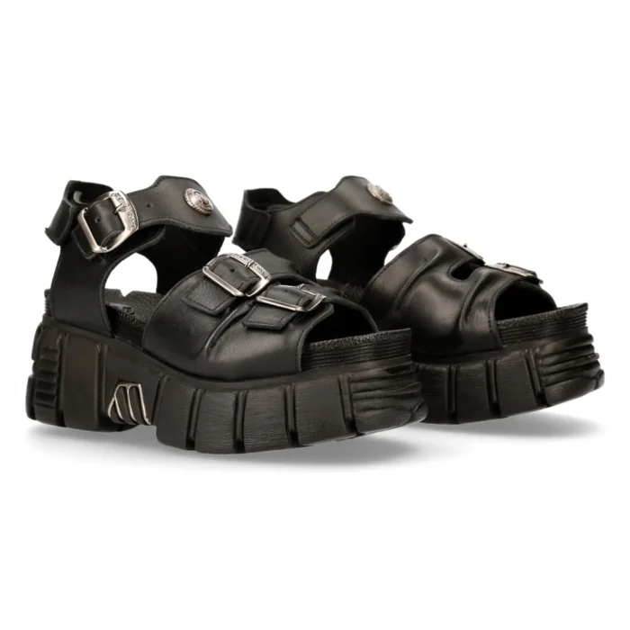 New Rock M-BIOS101-C2 Unisex Metallic Black 100% Leather Sandal Punk Rock Boots - Image 3