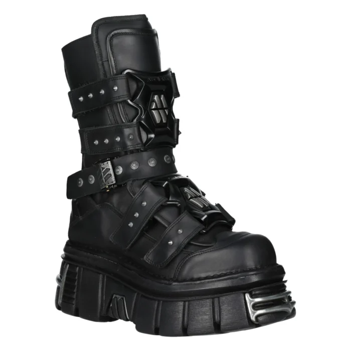 New Rock Boots M-MET422-S1 Unisex Metallic Black Leather Platform Gothic Boots - Image 2