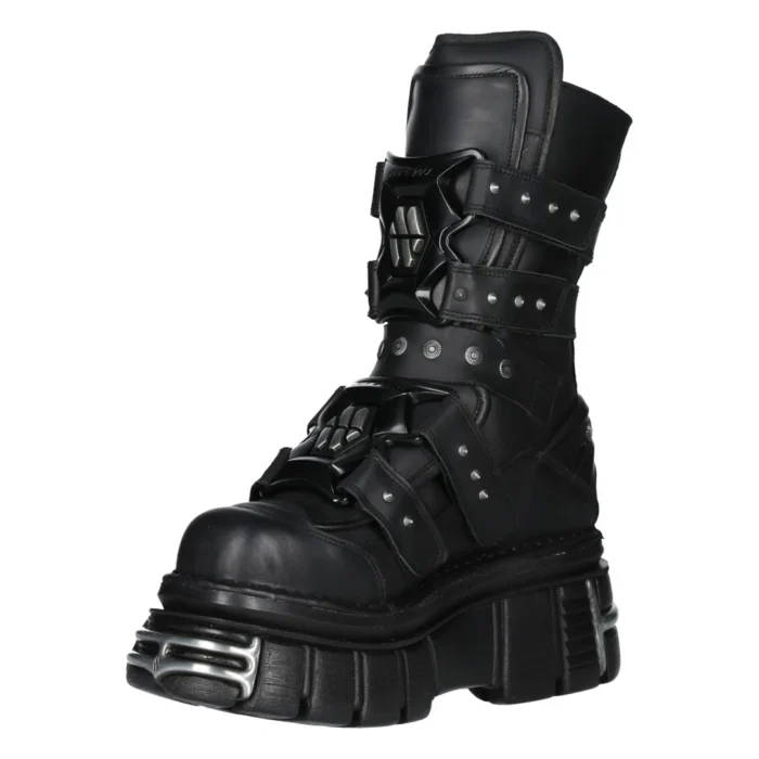 New Rock Boots M-MET422-S1 Unisex Metallic Black Leather Platform Gothic Boots - Image 5