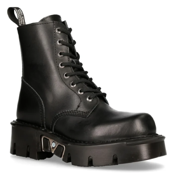New Rock M-MILI084N-S Unisex Metallic Black 100% Leather Platform Military Boots - Image 2