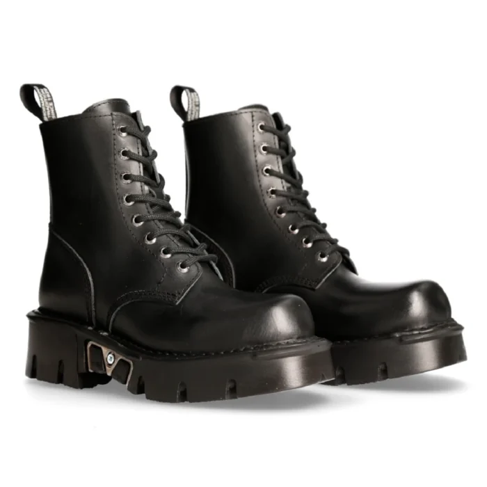 New Rock M-MILI084N-S Unisex Metallic Black 100% Leather Platform Military Boots - Image 3