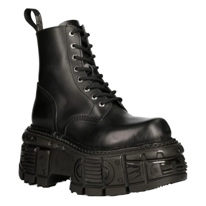 New Rock M-MILI084N-S5 Unisex Black 100% Leather Platform Military Boots - Image 2